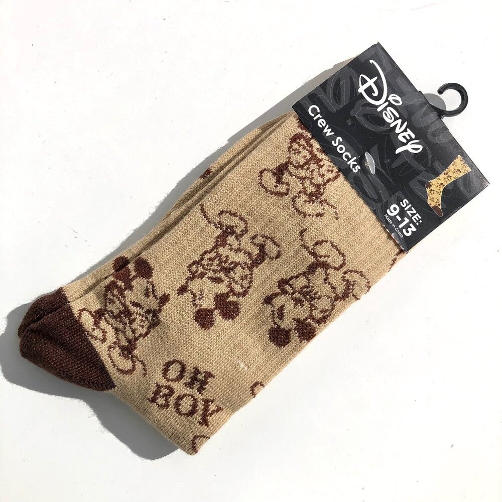 Disney Mickey Mouse OH BOY Crew Socks Size 9-13 Tan Brown New 081715031060